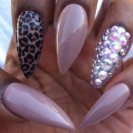 Nude and Leopard Print Stiletto Nails