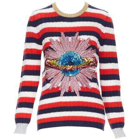 1stDibs GUCCI MICHELE 100% wool red blue white striped UFO sequins embellished sweater