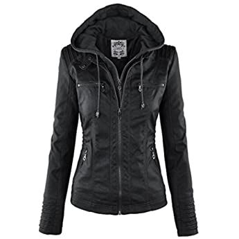 Wantdo Women's Quilted Classic Faux Leather Short Jackets with Hood Black M at Amazon Women's Coats Shop