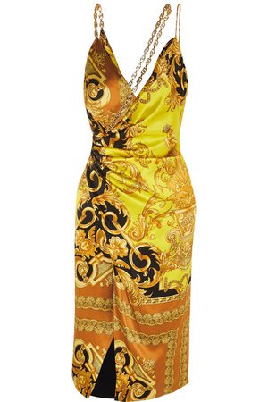 Versace | Ruched embellished printed silk-satin midi dress | NET-A-PORTER.COM