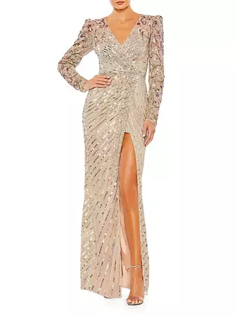 Shop Mac Duggal Beaded & Sequined Puff-Sleeve Gown | Saks Fifth Avenue