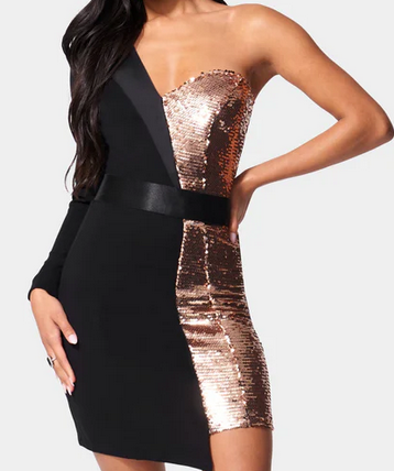 Bebe One Shoulder Sequin Blazer Dress - Rose Gold, Black