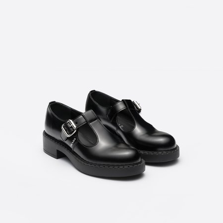 Prada - Black Brushed-leather Mary Jane T-strap shoes | Prada