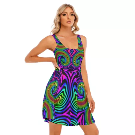 Trippy Hypno Rainbow Skater Dress POCKETS! Plus Sizes Maximalist fract – AbyssWares