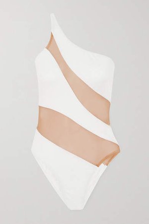 Snake One-shoulder Mesh-paneled Swimsuit - White