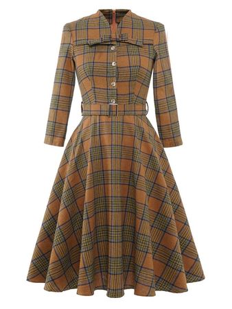 Coffee 1950s Plaid Belt Swing Dress – Retro Stage - Chic Vintage Dresses and Accessories