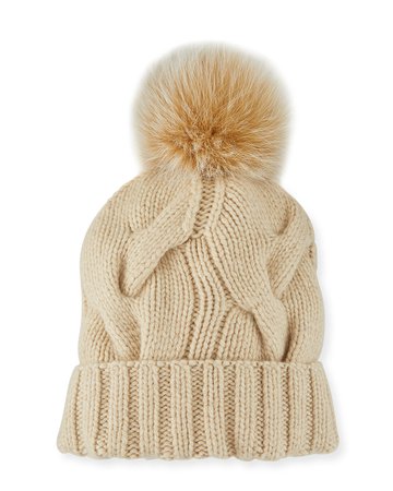 Loro Piana Cashmere Chunky Knit Beanie Hat w/ Fur Pompom