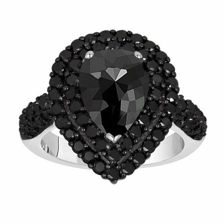 Rose Cut Black Diamond Engagement Ring, Pear Shaped Double Halo Wedding Ring, 2.70 Carat 14k White Gold Unique Handmade Certified