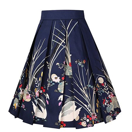 Girstunm Women's Pleated Vintage Skirt Floral Print A-line Midi Skirts with Pockets