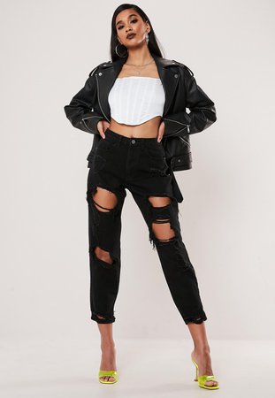 Black Riot High Rise Ripped Rigid Mom Jeans | Missguided