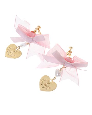 LIZ LISA Double Ribbon Heart Charm Earrings Pink