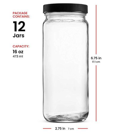 Glass Travel Mason Jar Water Bottle 16 Ounce [12-Pack] with Black Plastic Airtight Lids for Homemade Beverages, Smoothies, Juice, Infused Water, Kombucha, Milk Bottles Eco-Friendly, BPA Free, Reusable: Amazon.ca: Kitchen & Dining