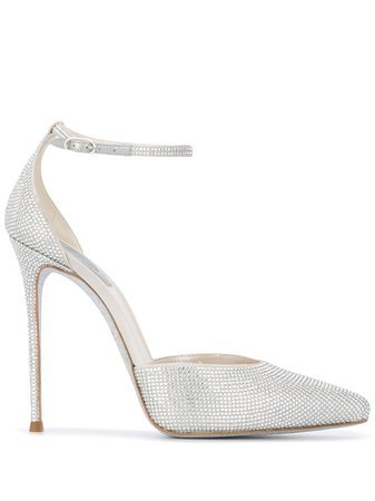 Shop silver René Caovilla crystal-embellished ankle strap pumps with Express Delivery - Farfetch