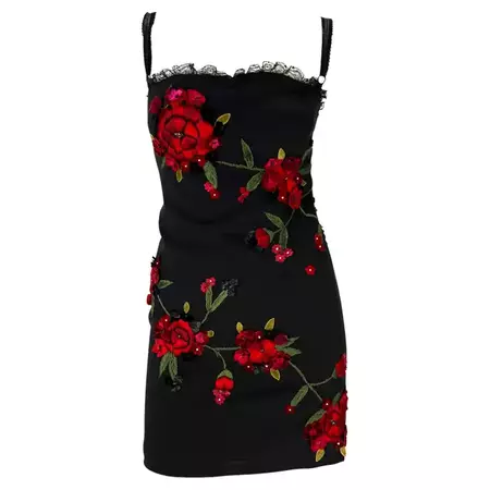 F/W 1997 Dolce and Gabbana Runway Red Floral Embroidered Diamante Bustier Dress For Sale at 1stDibs | black dress with red flowers, dolce and gabbana 1997, floral catwalk red paparazzi