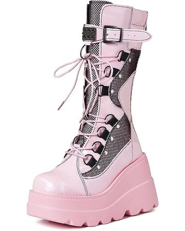 Amazon.com | mikarka Womens Holographic Platform Mid Calf Combat Boots Lace Up Wedge Heel Studded Goth Knee High Boots | Mid-Calf