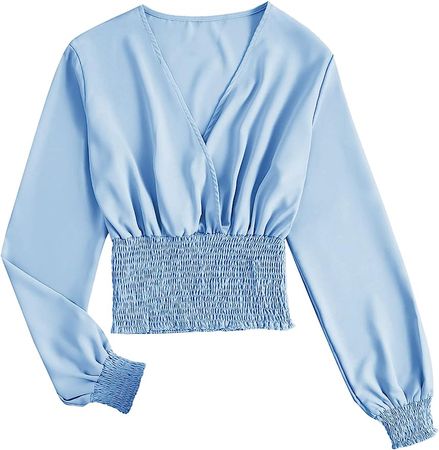 LYANER Women's V Neck Shirred Plain Long Sleeve Frill Crop Shirt Blouse Tops Light Blue X-Large at Amazon Women’s Clothing store