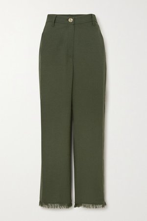 Theo Frayed Woven Straight-leg Pants - Dark green