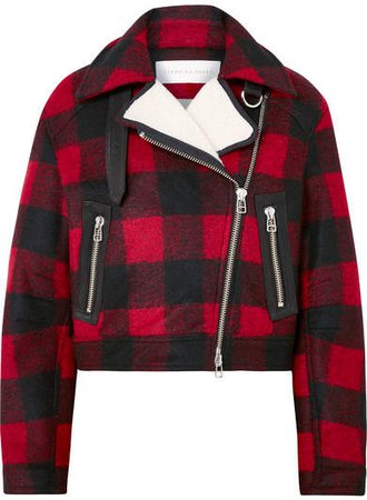 Benni Leather And Faux Shearling-trimmed Checked Felt Jacket - Red