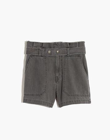 Denim Snap-Belt Paperbag Shorts in Pale Grey
