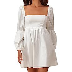 Amazon.com: EXLURA Womens Square Neck Dress Long Puff Sleeve A-Line Casual Short Mini Dress White : Clothing, Shoes & Jewelry