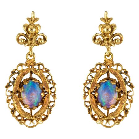 1960s Yellow Gold Opal Dangling Earrings For Sale at 1stDibs