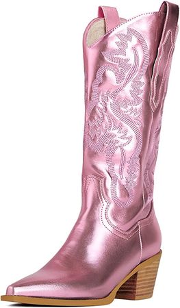 Amazon.com | MUCCCUTE Women's Cowgirl Boots Metallic Cowboy Boots Chunky Block Heel Western Boots Ladies Vintage Wide-calf Boot Size 8 | Mid-Calf