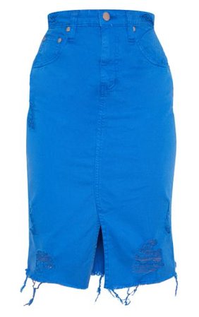 Petite Bright Blue Distressed Hem Midi Skirt