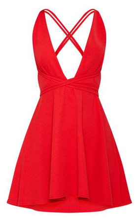 Red Wrap Detail Skater Dress | Dresses | PrettyLittleThing