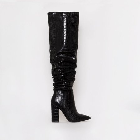 Eden Black Croc Print Ruched Block Heel Thigh High Boots