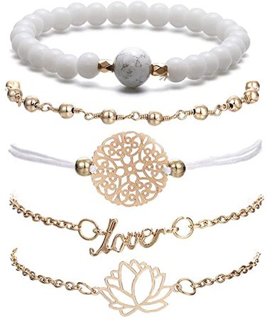 Amazon.com: VONRU Beaded Bracelets for Women - Adjustable Charm Pendent Stack Bracelets for Women Girl Friendship Gift Rose Quartz Bracelet Links with Pearl Gold Plated (Love Bracelet): Jewelry