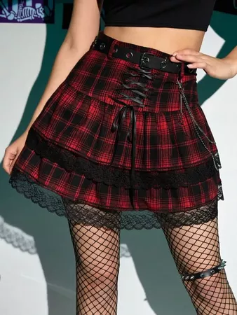 ROMWE Cyber Luvr Plaid Contrast Lace Up Skirt | SHEIN USA
