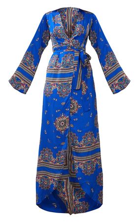Cobalt Print Satin Kimono Maxi Dress | PrettyLittleThing USA