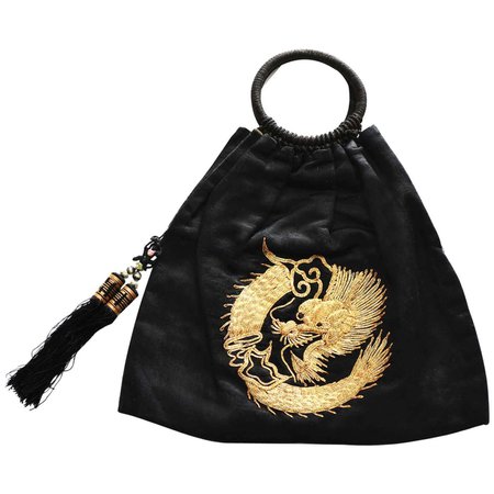 Antique Handbag Chinese Embroidery Gold Metallic Dragon Black Silk Bag Purse For Sale at 1stDibs | dragon purses for sale, china handbag, dragon purse