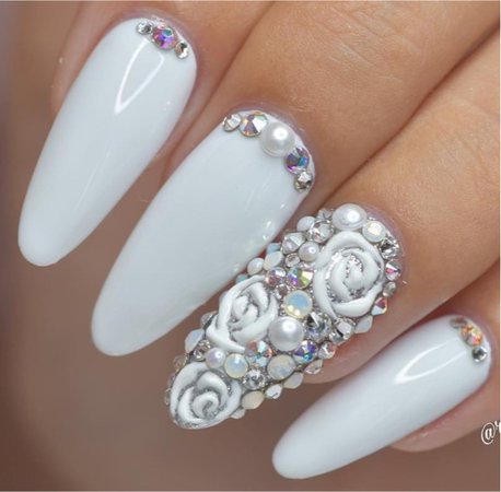 White rose rhinestone nails