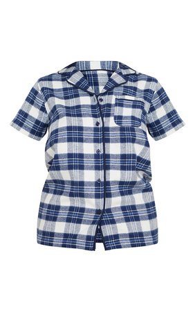 Blue Button Up Short Sleeve Check Pj Shirt | PrettyLittleThing USA