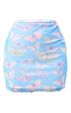 Blue Butterfly Print Mesh Lettuce Hem Skirt | PrettyLittleThing USA