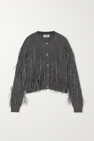 Gray Feather and bead-embellished cashmere cardigan | Prada | NET-A-PORTER