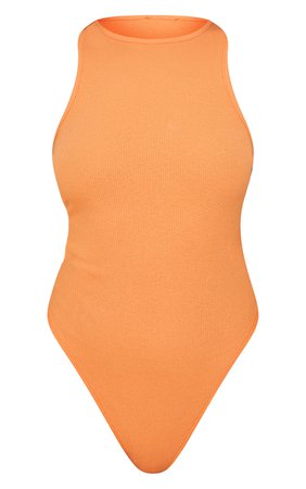 Recycled Basic Burnt Orange Rib Racer Bodysuit | PrettyLittleThing USA