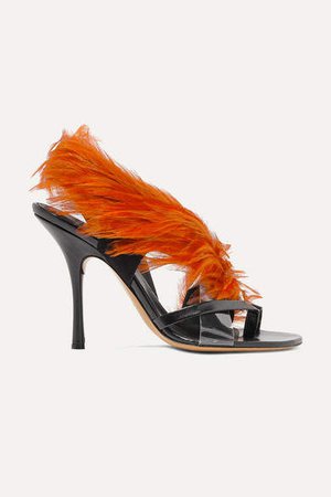 Feather-embellished Pvc And Leather Sandals - Brown