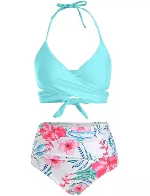 Women Floral Print Halter Wrap Bikini Swimsuit Swimsuit XL Day Sky Blue