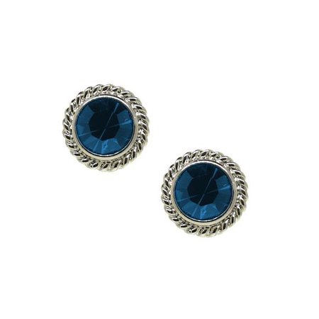 Silver Tone Blue Round Button Stud Earrings