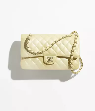 Classic handbag, Cloudy pearly goatskin & gold-tone metal, light yellow — Fashion | CHANEL