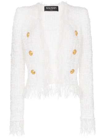 Balmain Tweed Shredded Hem gold-tone Button Jacket - Farfetch