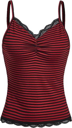 SOLY HUX Women's Striped Lace Trim Cami Top Spaghetti Strap Summer Y2K Camisole Burgundy Striped M at Amazon Women’s Clothing store