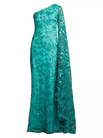 Shop Tadashi Shoji One-Shoulder Sequin Floral Lace Capelet Gown | Saks Fifth Avenue