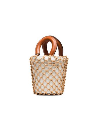 STAUD white and brown moreau macrame and leather bucket bag