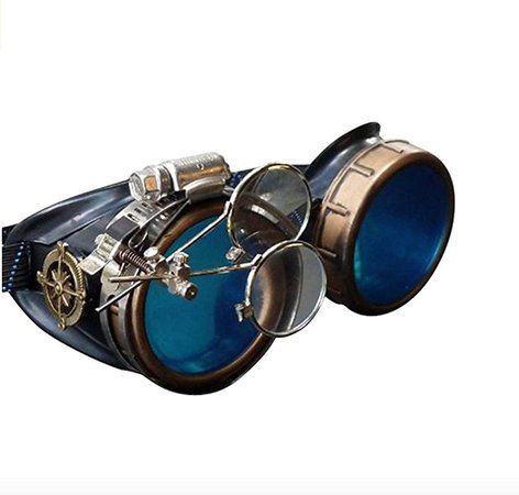 Steampunk Victorian Style Goggles with Compass Design, Colored Lenses & Ocular Loupe