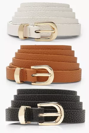 Plus 3 Pack Skinny Belt | Boohoo UK white black brown