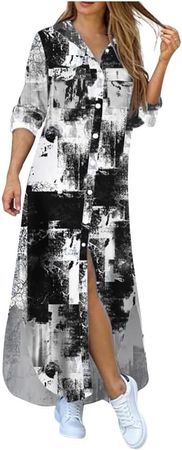 DGZTWLL Maxi Dress for Women Shirt Dress Sexy Pocket Long Fashion Print Loose Womens Button Casual Fall Dresses at Amazon Women’s Clothing store