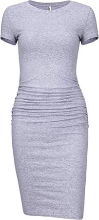 Laughido Women's Ruched Casual Plain Sundress Short Sleeve Knee Length Sheath Bodycon T Shirt Dress Gray at Amazon Women’s Clothing store